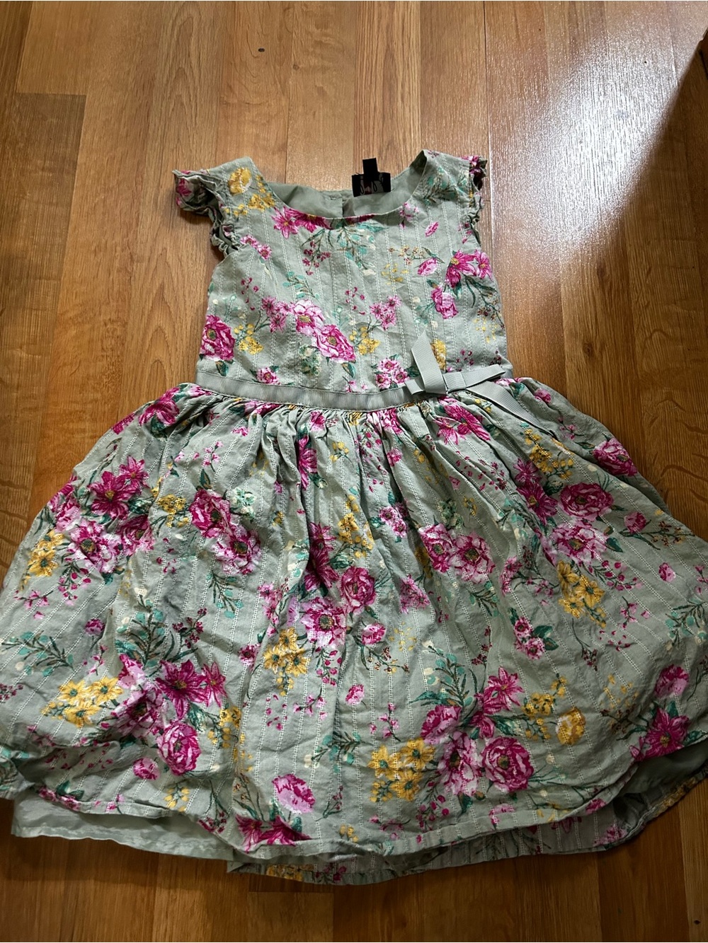 lilt Sage Green Floral Ruffle Sleeve Dress with Pink and Yellow Blooms